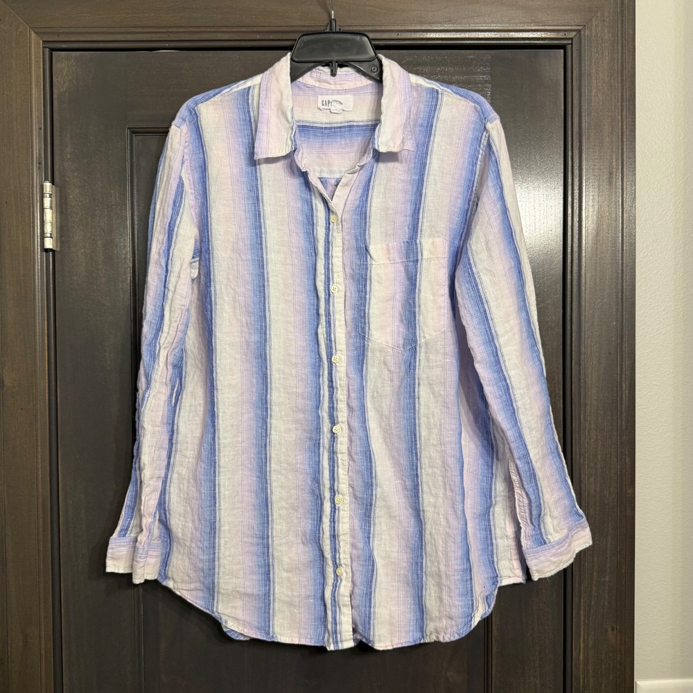 GAP Womens XL 100% Linen Striped Button Down Shirt Blue Purple Long Sleeve Top